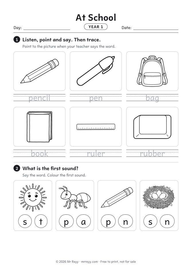 Page 1 of the Year 1 At School Lesson 1 worksheet