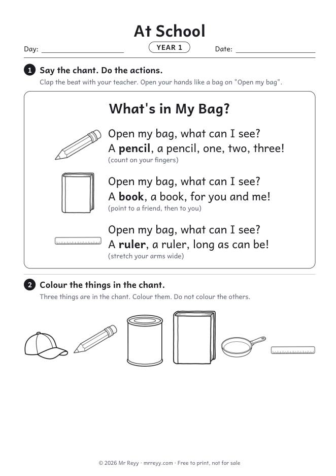 Page 1 of the Year 1 At School Lesson 4 worksheet