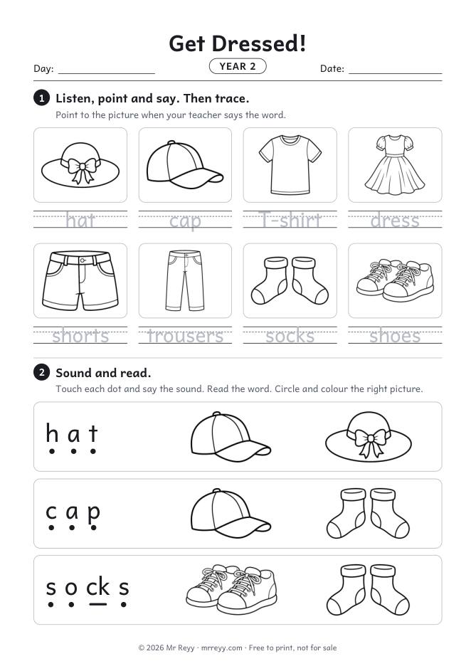 Page 1 of the Year 2 Get Dressed! Lesson 1 worksheet