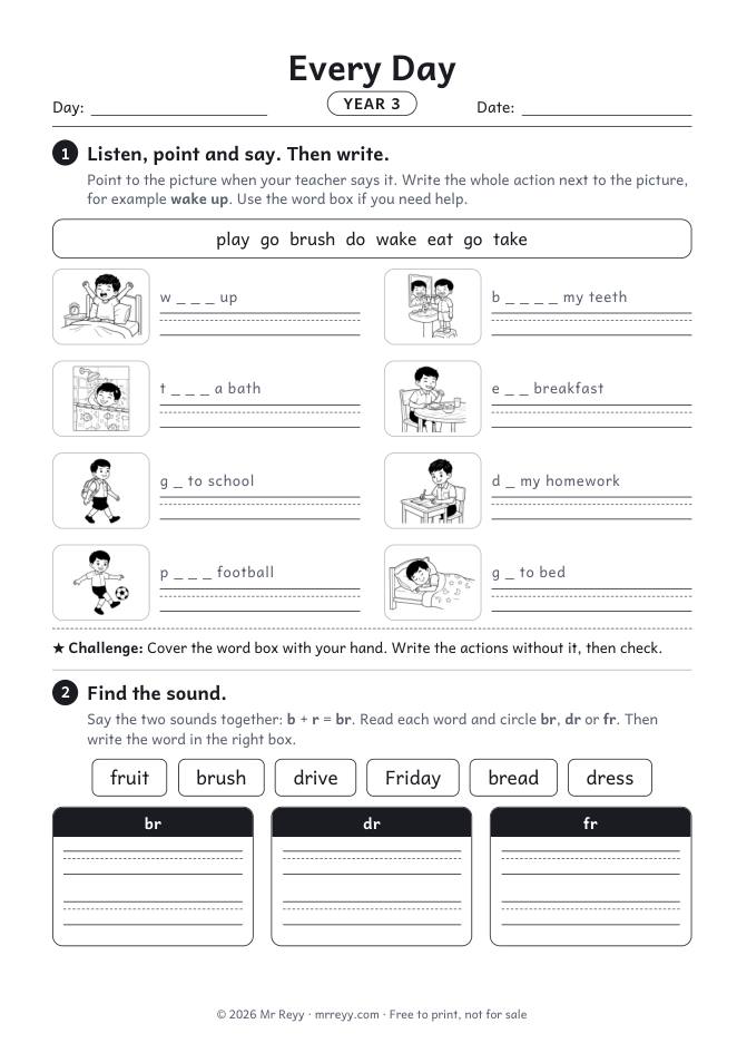 Page 1 of the Year 3 Every Day Lesson 1 worksheet